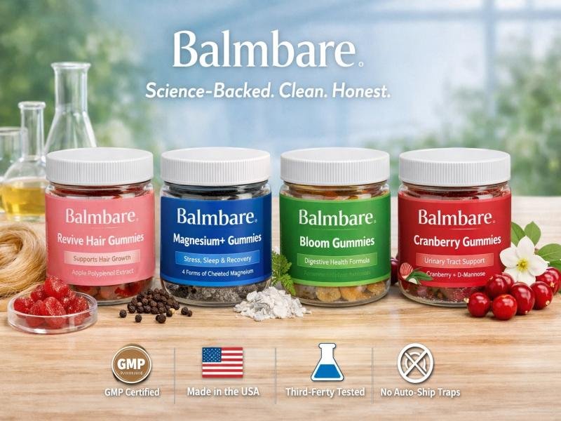 Balmbare Premium Hair Growth Gummies. Hair Loss Support. Wellness Supplements. Modern Hair Revival.